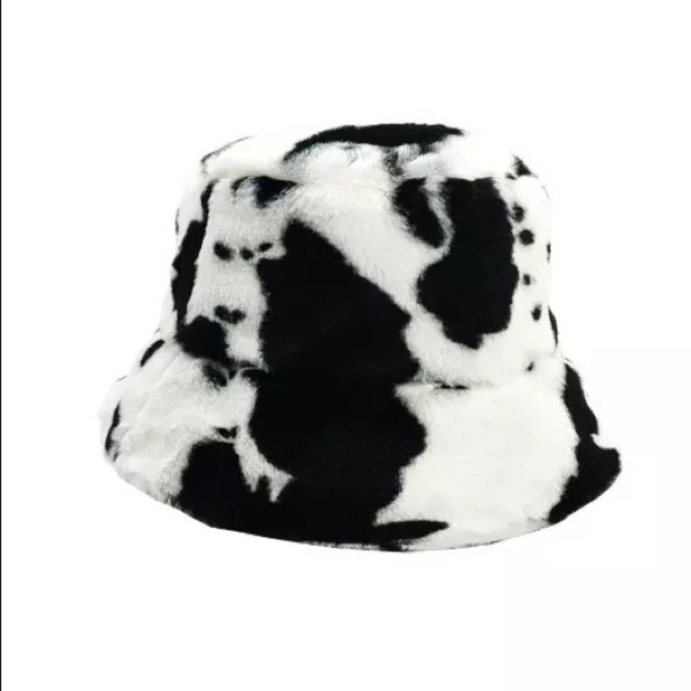 Furry cow print bucket hat